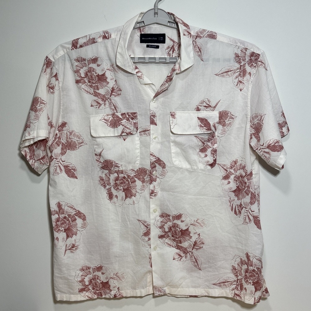 Abercrombie & Fitch Camp Shirt Red Floral Relaxed Fit Cotton Blend Mens XXL READ